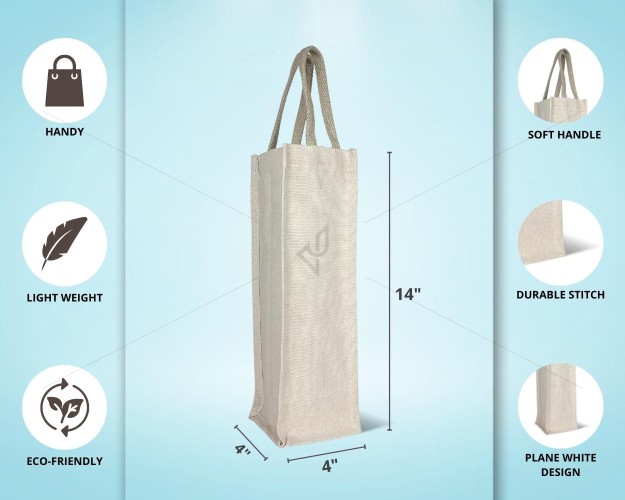 Wine / Water Bottle Bag - Plain White Canvas Bag (4 x 4 x 14 inches)