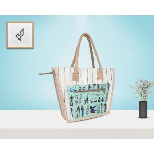 Hand Bag - A finely crafted frustum shaped jute hand bag with an aesthetic print of egyptian culture (17 x 5 x 12 inches)