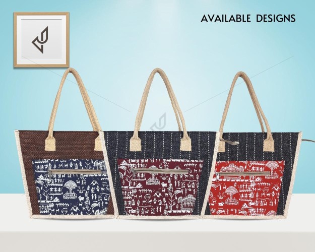 Hand Bag - A finely crafted frustum shaped jute hand bag with a wonderful warli print (17 x 5 x 12 inches)