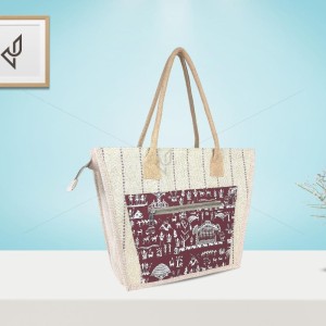Hand Bag - A finely crafted frustum shaped jute hand bag with a wonderful warli print (17 x 5 x 12 inches)
