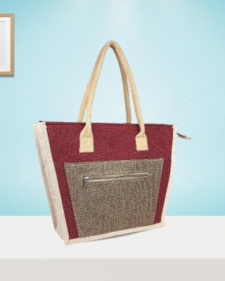 Hand Bag - A finely crafted frustum shaped jute hand bag with neat stripes (17 x 5 x 12 inches)