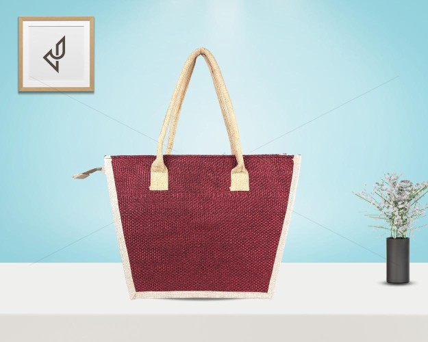 Hand Bag - A finely crafted frustum shaped jute hand bag with neat stripes (17 x 5 x 12 inches)