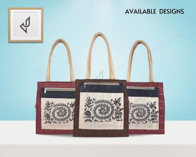 Hand Bag - A stylish jute handbag with a pouch in the front with striking warli prints with zipper (11 x 5 x 12 inches)