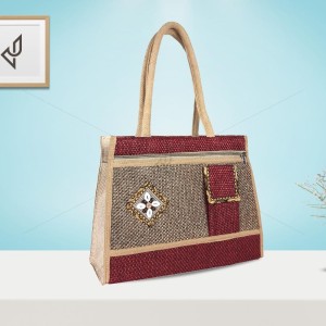 Hand Bag - A formal jute hand bag with key pouch and cowrie shell patch work (14 x 5 x 11 inches)